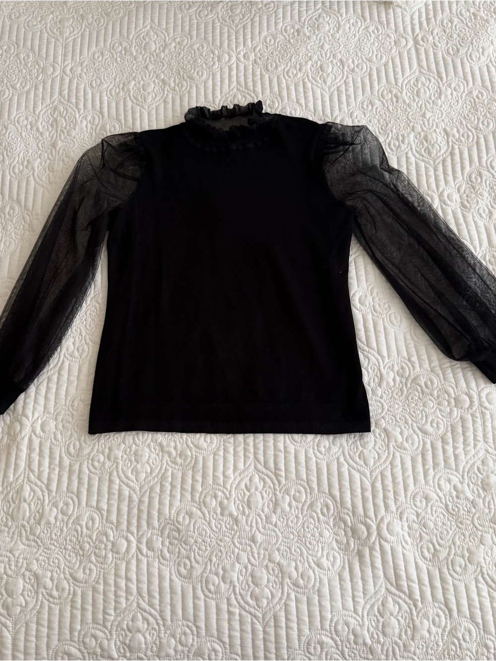 A Love Story Black Sheer Mesh Balloon Sleeve Mock Neck Top Size M